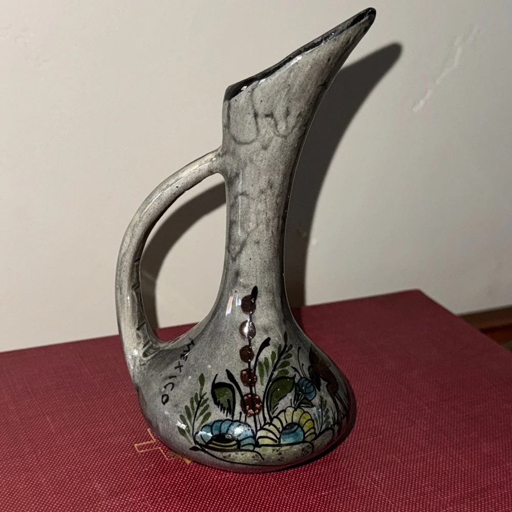 Vintage Handcrafted Mexican Floral Animal Folk Art Pottery Vase Glazed Marked
